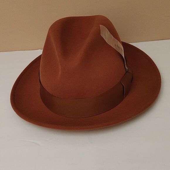 MEN'S MONTIQUE COGNAC LIGHT FELT 2 1/2" WIDE BRIM PINCH FEDORA HAT. H60 - Picture 7 of 8